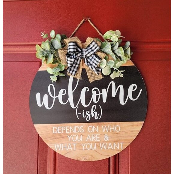 New Welcome Sign Front for Door Decoration,12 in Round Wood Wreaths Wall Hanging - Picture 2 of 2